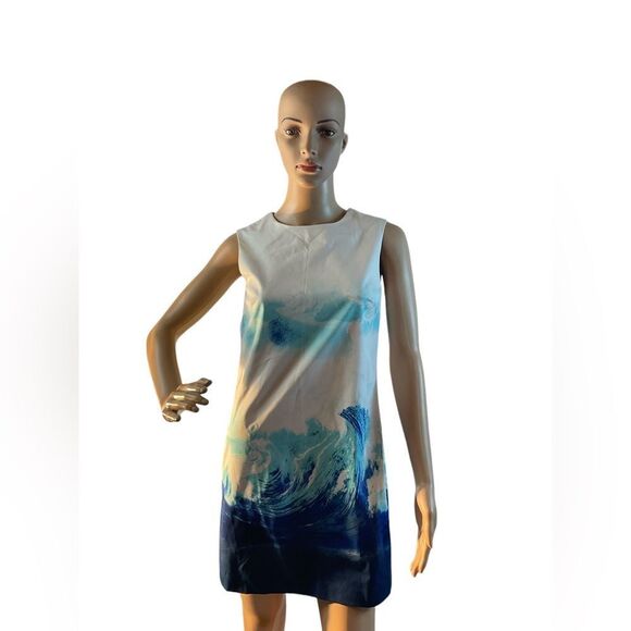 Cynthia Steffe Women’s Size 0 Courtney Blue White Wave Sleeveless Shift Dress - Picture 1 of 9